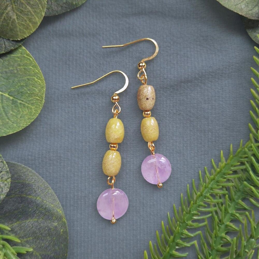 Amethyst & Serpentine Dangle Earrings, Gold Drop